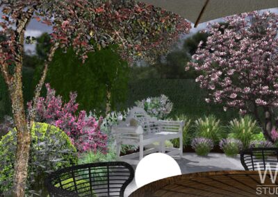 Patio z ławką ogrodową